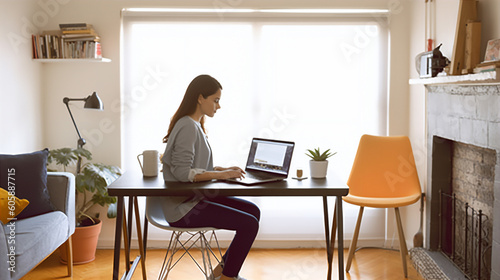 Woman work from home using a laptop for teleconference with her teammates. Generative AI