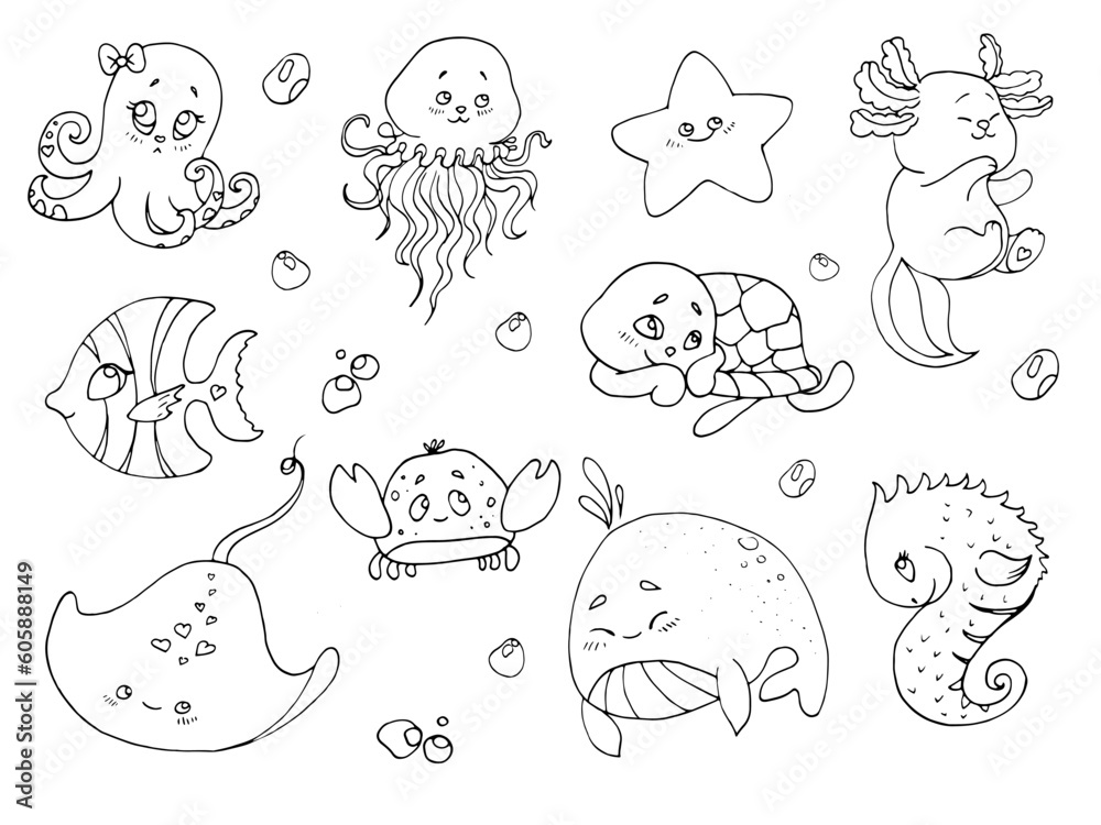 vector coloring page with cute cartoon Sea animals