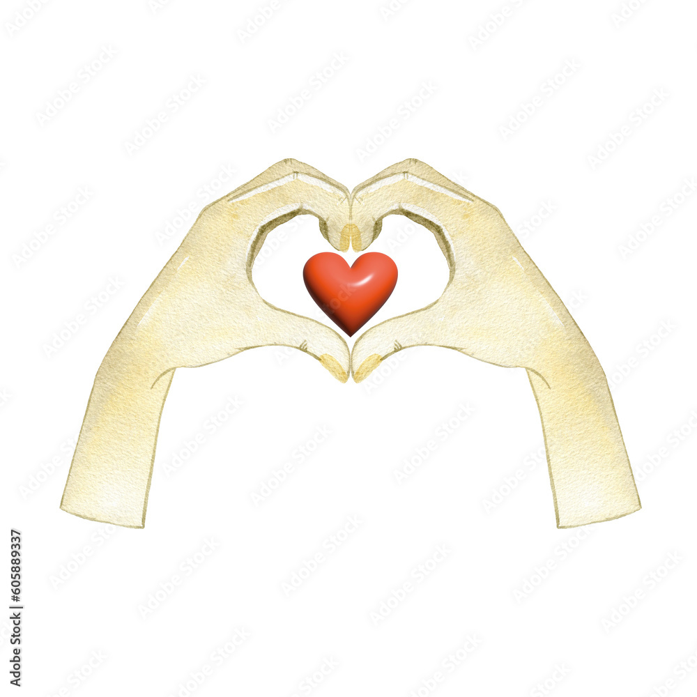 Obraz premium Watercolor female hands making sign Heart by fingers, isolated on white background. Love concept.