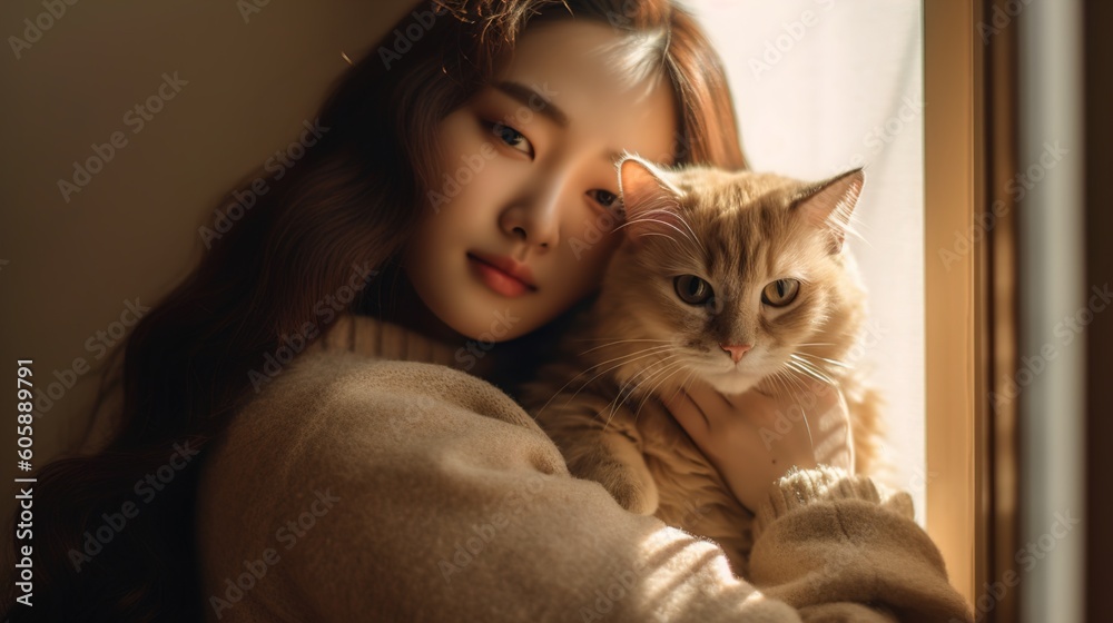 young Korean Woman people hold a cat in the hands, looking and smiling, creating a cozy afternoon in the bedroom, can and people relationship, AI generative young Korean Woman people hold a cat in the hands, looking and smiling, creating a cozy afternoon in the bedroom, can and people relationship, AI generative