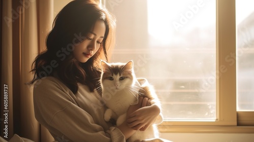 young Korean Woman people hold a cat in the hands, looking and smiling, creating a cozy afternoon in the bedroom, can and people relationship, AI generative