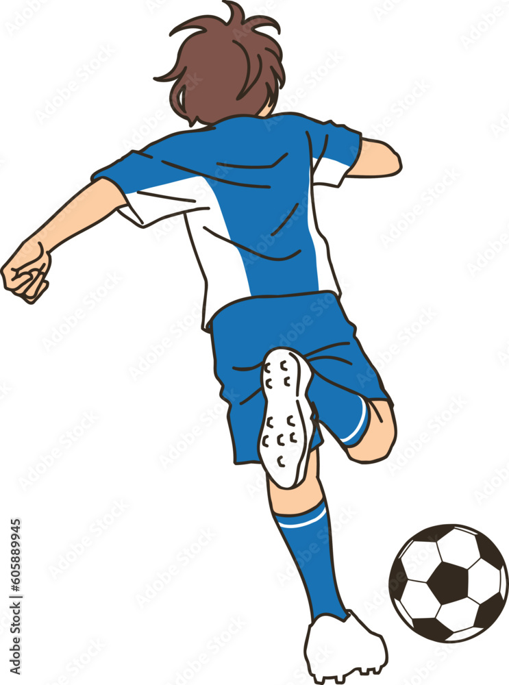 A back shot of a football player dribbling the ball