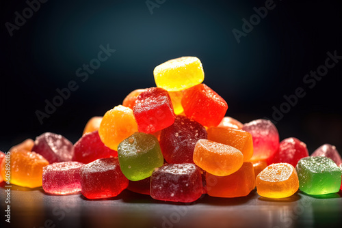 Heap of colorful fruit marmalade candies, dark background