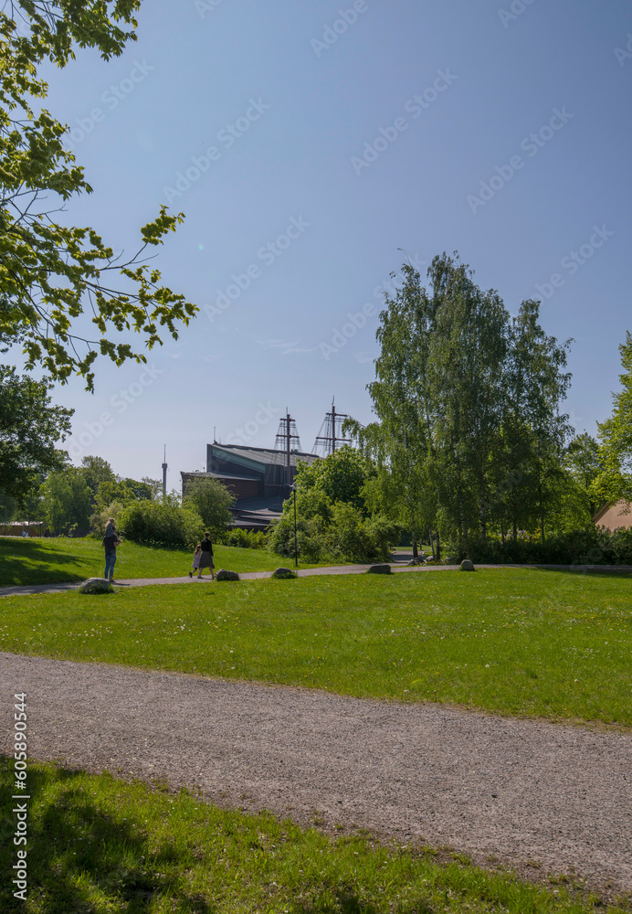 Park area at the Vasa museum, a sunny summer day in Stockholm