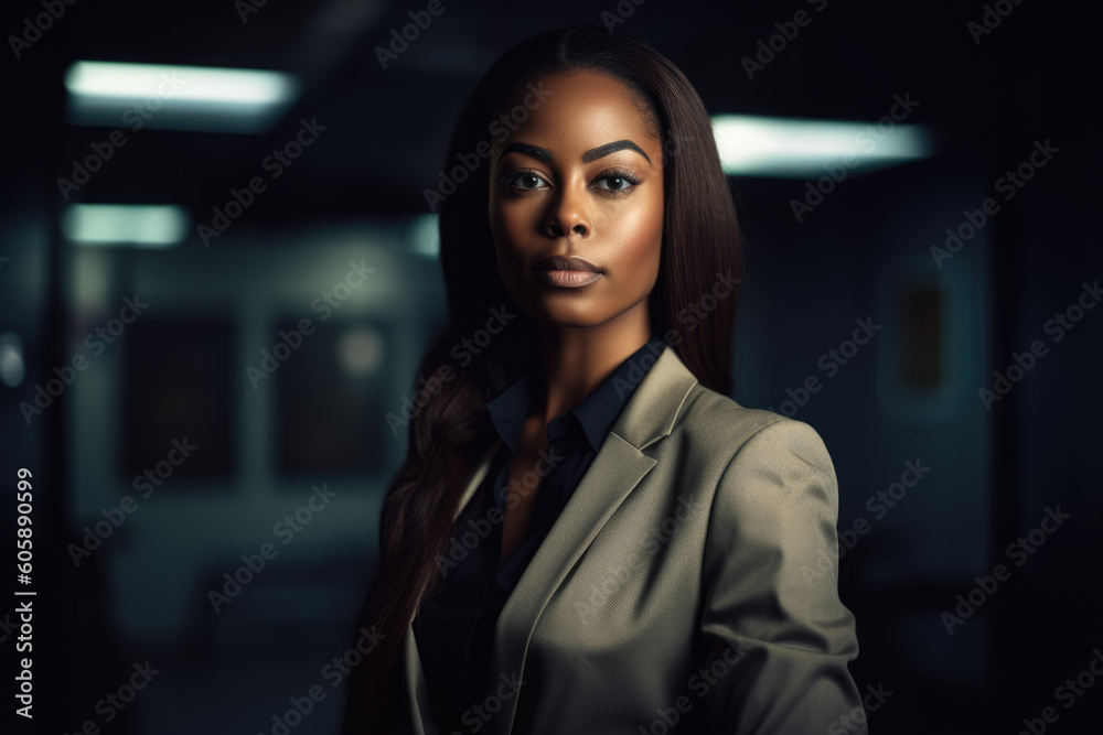 Bllack woman in a business suit standing in a confident pose. Woman's ...
