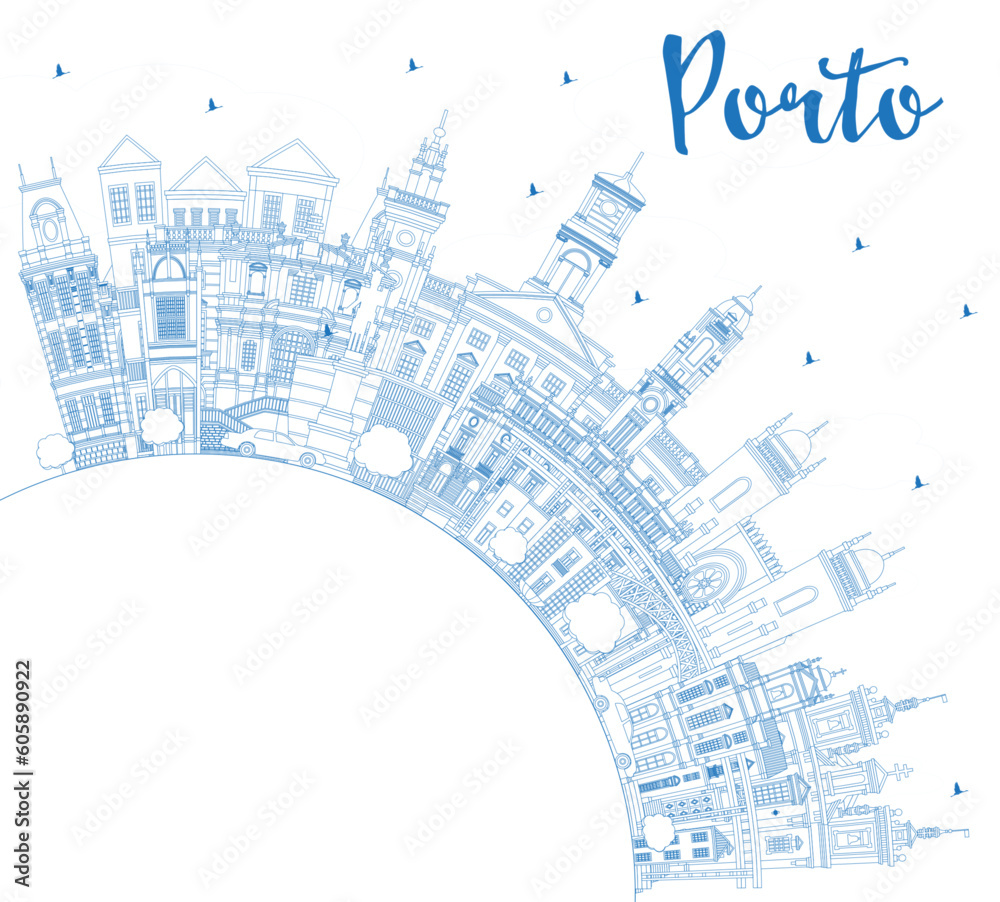 Outline Porto Portugal City Skyline with Blue Buildings and Copy Space. Porto Cityscape with Landmarks. Outline Porto Portugal City Skyline with Blue Buildings and Copy Space. Porto Cityscape with Landmarks.