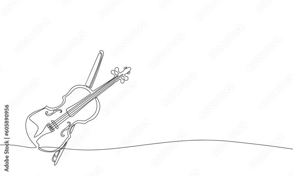 Violin and bow. One line continuous abstract conception of musical instrument. Line art, outline, silhouette, vector illustration.