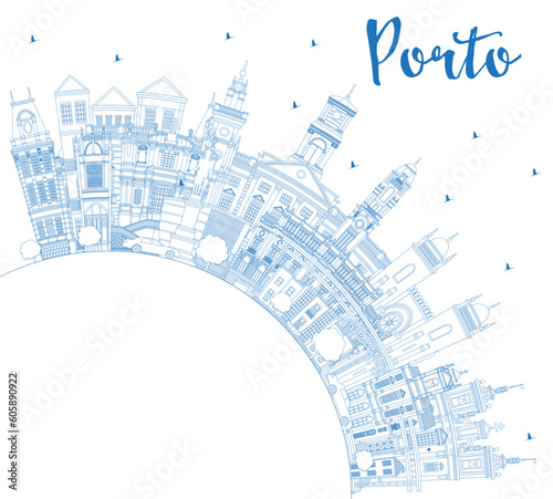 Outline Porto Portugal City Skyline with Blue Buildings and Copy Space. Porto Cityscape with Landmarks.