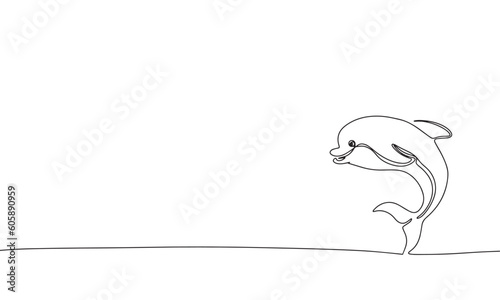 Cute dolphin. One line continuous abstract conception of sea, ocean animal. Line art, outline, silhouette, vector illustration.