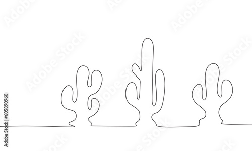 Silhouette cactus in row. One line continuous abstract conception of nature in desert. Line art, outline, silhouette, vector illustration.