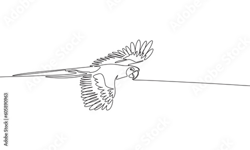 Flying parrot. One line continuous abstract conception of tropical bird. Line art, outline, silhouette, vector illustration.