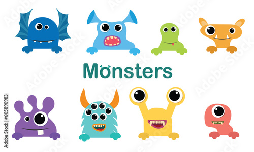 Set of peep out monsters. Cute, funny, scary monsters. Vector illustration.