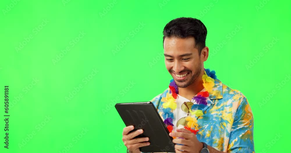 Man, tablet and search for vacation with choice by green screen, mock up or online for idea, travel and happiness. Tourist, guy and summer with Hawaii shirt, decision holiday and blog on internet Man, tablet and search for vacation with choice by green screen, mock up or online for idea, travel and happiness. Tourist, guy and summer with Hawaii shirt, decision holiday and blog on internet