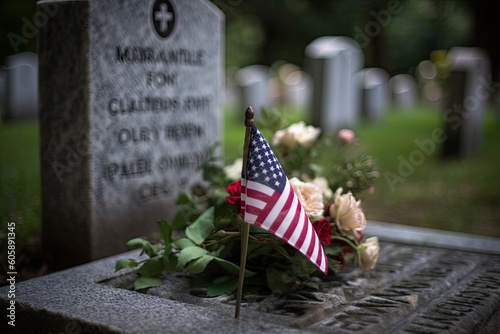 American flag with flowers and tombstone with copy space for American Memorial and Independence Day