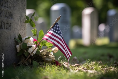 American flag with flowers and tombstone with copy space for American Memorial and Independence Day