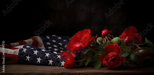 American flag with red and white roses and copy space for American Independence Day. background Generative Ai