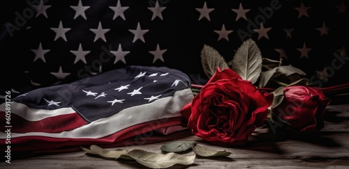 American flag with red and white roses and copy space for American Independence Day. background Generative Ai