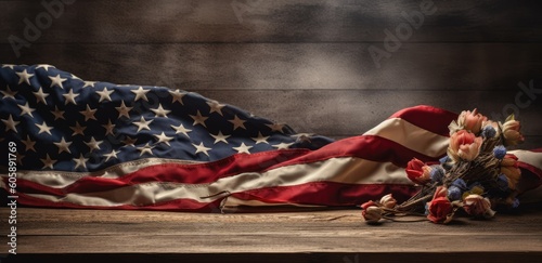 American flag with red and white roses and copy space for American Independence Day. background Generative Ai