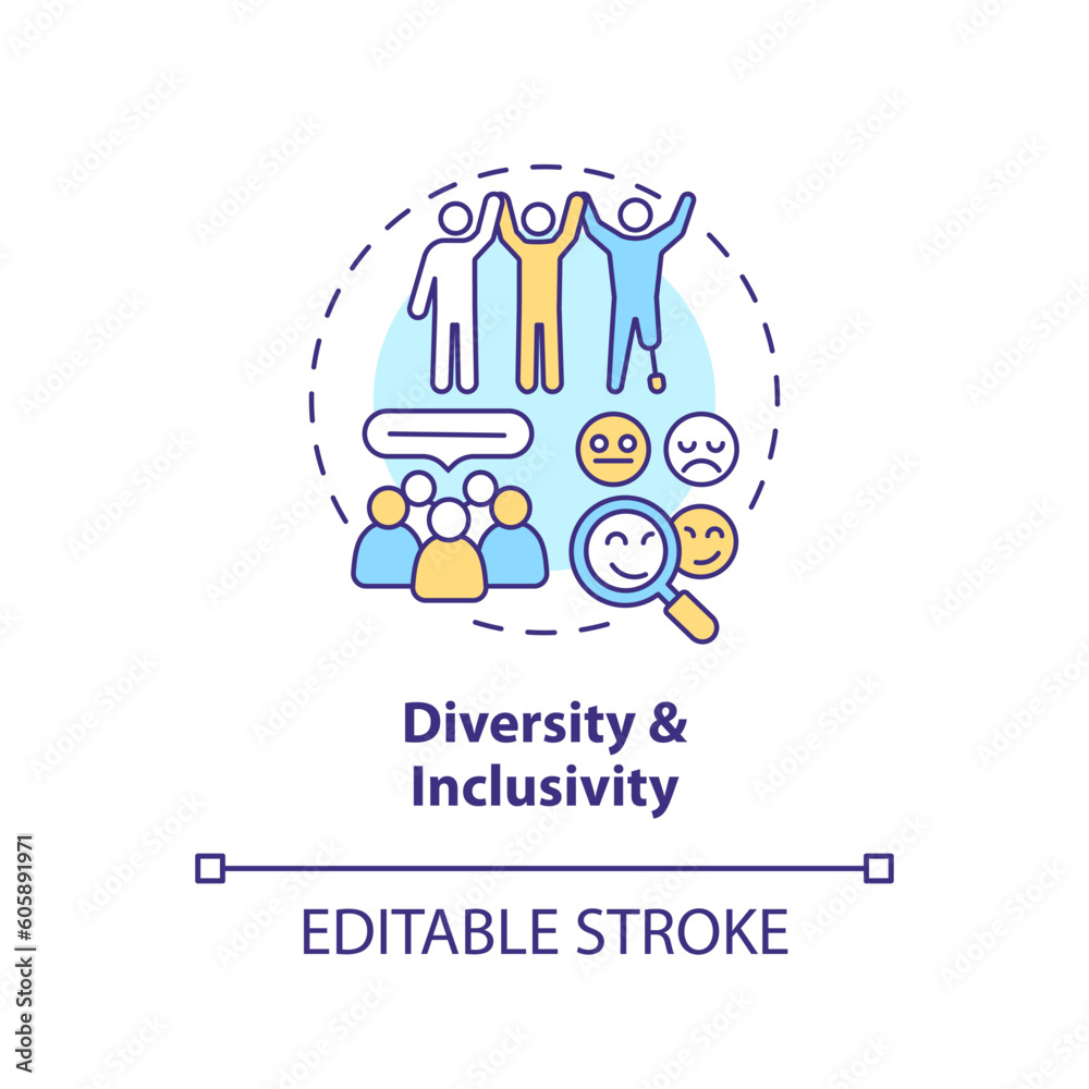 Diversity and inclusivity concept icon. Organizational culture. Social equality. Support network. Safe space abstract idea thin line illustration. Isolated outline drawing. Editable stroke