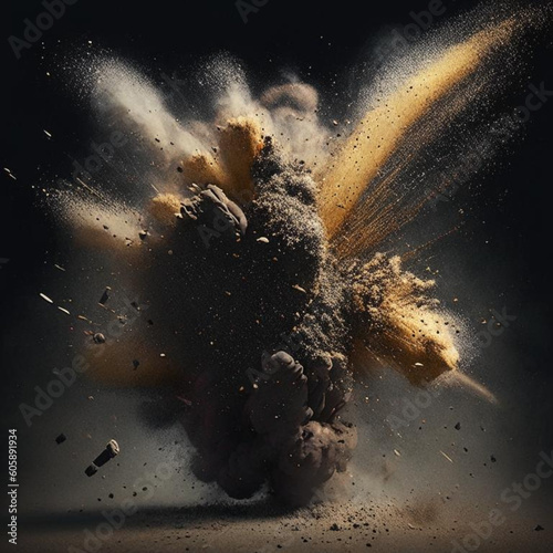 big powerful explosion. a lot of dust and fragments flying to the sides.