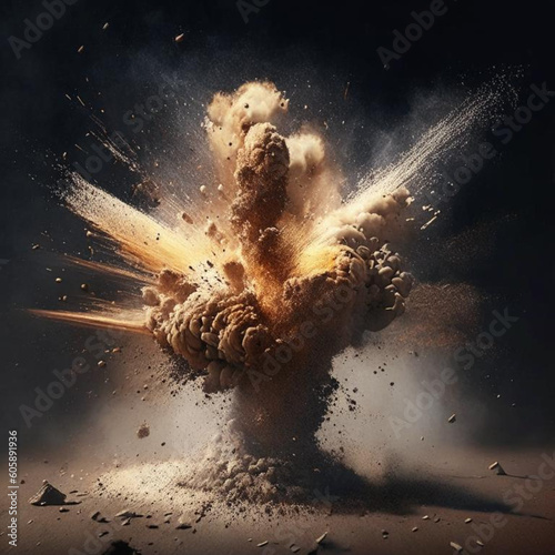 big powerful explosion. a lot of dust and fragments flying to the sides.
