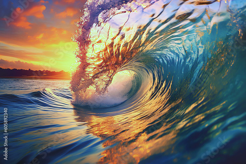 Wave at sunset, AI generated