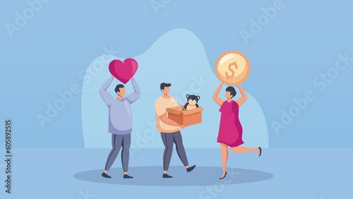 three volunters with donations animation