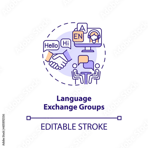 Language exchange groups concept icon. Educational technology. Foreign language. Micro community. Learning english abstract idea thin line illustration. Isolated outline drawing. Editable stroke