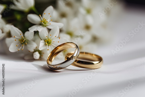 Two wedding rings with white flowers. Love concept