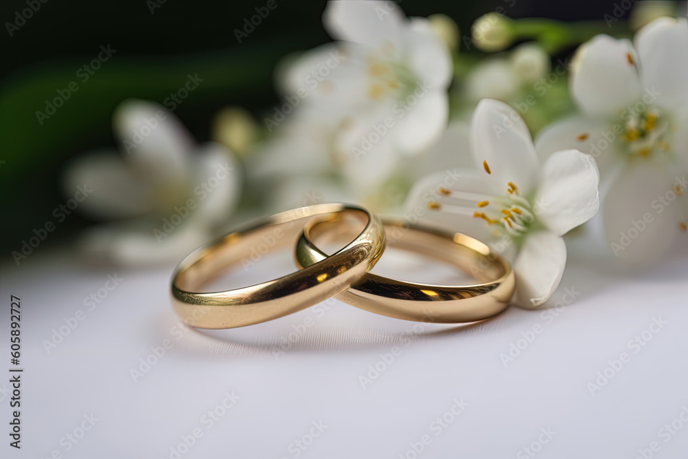 Two wedding rings with white flowers. Love concept