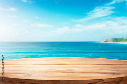 wooden table looking out to a blue ocean