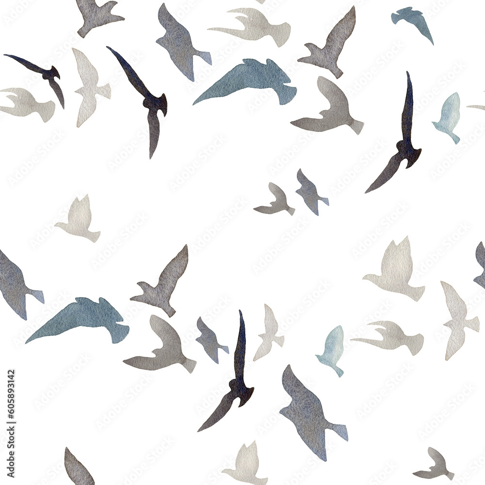 Watercolor seamless pattern with birds on the white background.