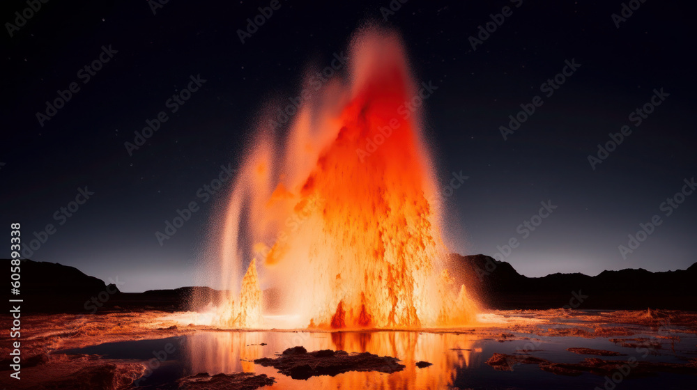 A geyser eruption, with the high-pressure water colored in neon orange and red hues A geyser eruption, with the high-pressure water colored in neon orange and red hues