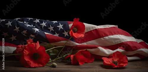 American flag with flowers and copy space for American Independence Day. background Generative Ai