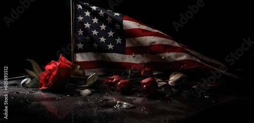 American flag with flowers and copy space for American Independence Day. background Generative Ai