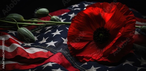 American flag with flowers and copy space for American Independence Day. background Generative Ai