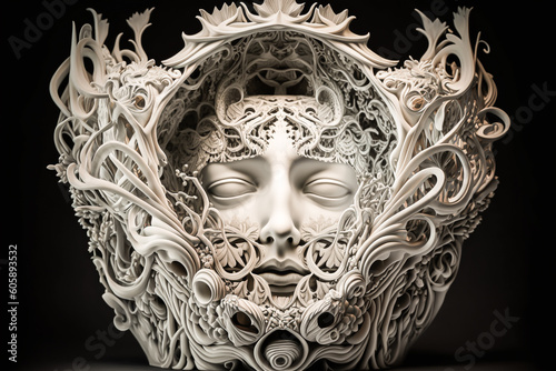 Mysterious woman face monument with ominous decorations. 3D rendered ancient sculpture style. Dark fantasy, Pandemonium, pains of hell, last judgement concept. Fictional model. Made with Generative AI