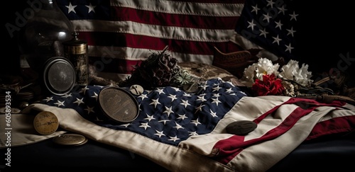 American flag with flowers and copy space for American Independence Day. background Generative Ai