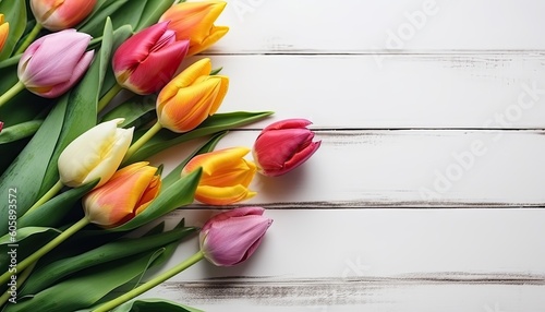 Tulips on white wooden background with copy space for text