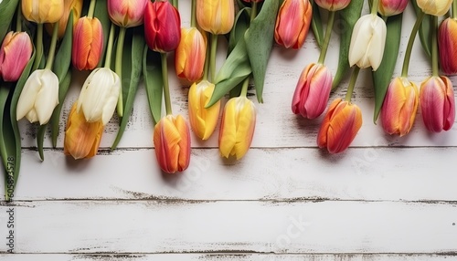 Tulips on white wooden background with copy space for text