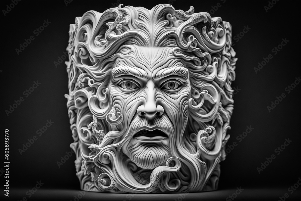 Mysterious old man face with beard monument with ominous decorations. 3D rendered ancient sculpture style. Pandemonium, last judgement, dark fantasy concept. Fictional model. Made with Generative AI