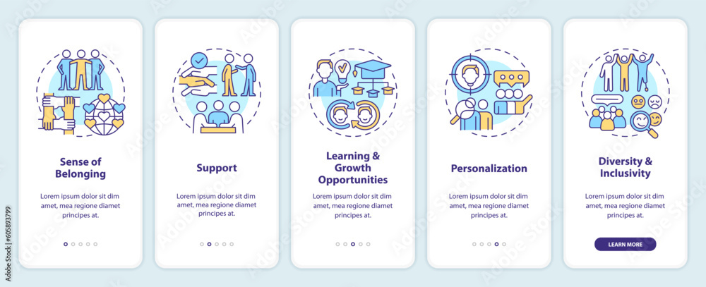 Micro community benefits onboarding mobile app screen. Support network walkthrough 5 steps editable graphic instructions with linear concepts. UI, UX, GUI template. Myriad Pro-Bold, Regular fonts used