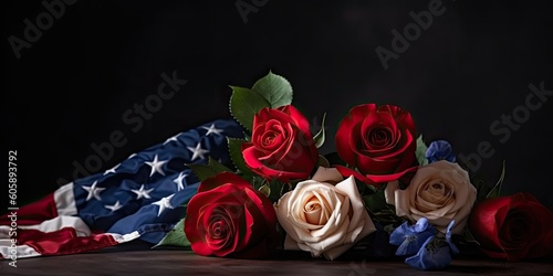 American flag with red and white roses and copy space for American Independence Day. background Generative Ai 