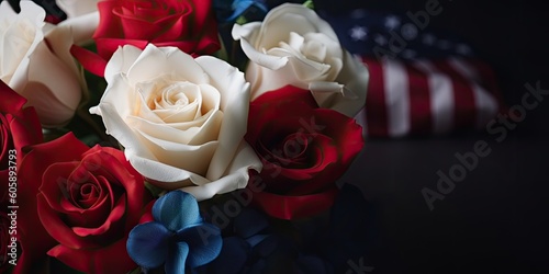 American flag with red and white roses and copy space for American Independence Day. background Generative Ai 