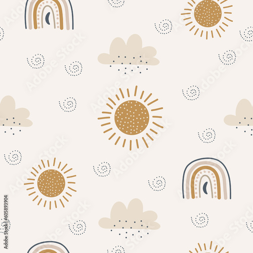 Seamless pattern boho neutral rainbow, sun, cloud, digital paper, for surface design, kids clothing, print