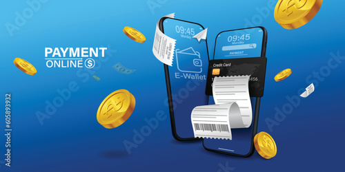 Bill of expenses is on mobile phone.Pay bills with mobile phone.Online shopping spending.Online shopping via smartphone.Bill payment flat isometric vector concept of mobile payment, shopping, banking.