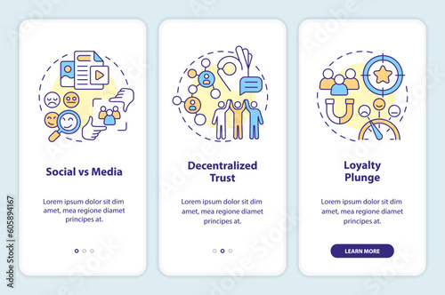 Micro communities tendencies onboarding mobile app screen. Walkthrough 3 steps editable graphic instructions with linear concepts. UI, UX, GUI template. Myriad Pro-Bold, Regular fonts used
