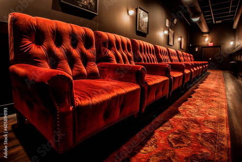 Individual red carpet seating for a movie theater. Cinematic experience, going to the movies, and the idea of purchasing tickets