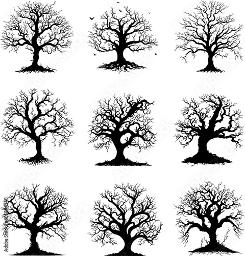 Black tree silhouette halloween vector. Old haunted tree with many branches suitable for halloween celebration design element on white background