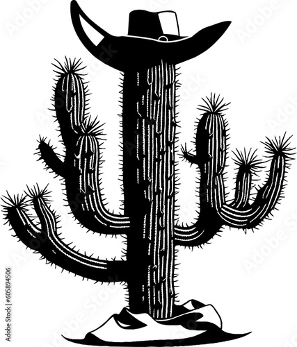 A cactus plant with a cowboy hat in the desert. Silhouette of a cactus plant. Cactus plant vector, a dry desert plant with many thorns isolated on a white background